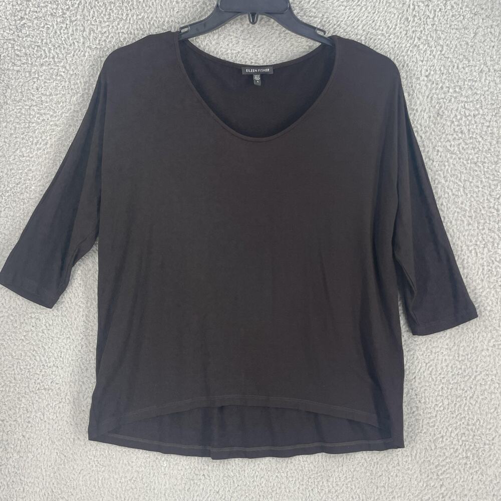 Eileen Fisher Womens Top Small Brown Scoop Neck 3/4 Sleeve Made in USA Stretch